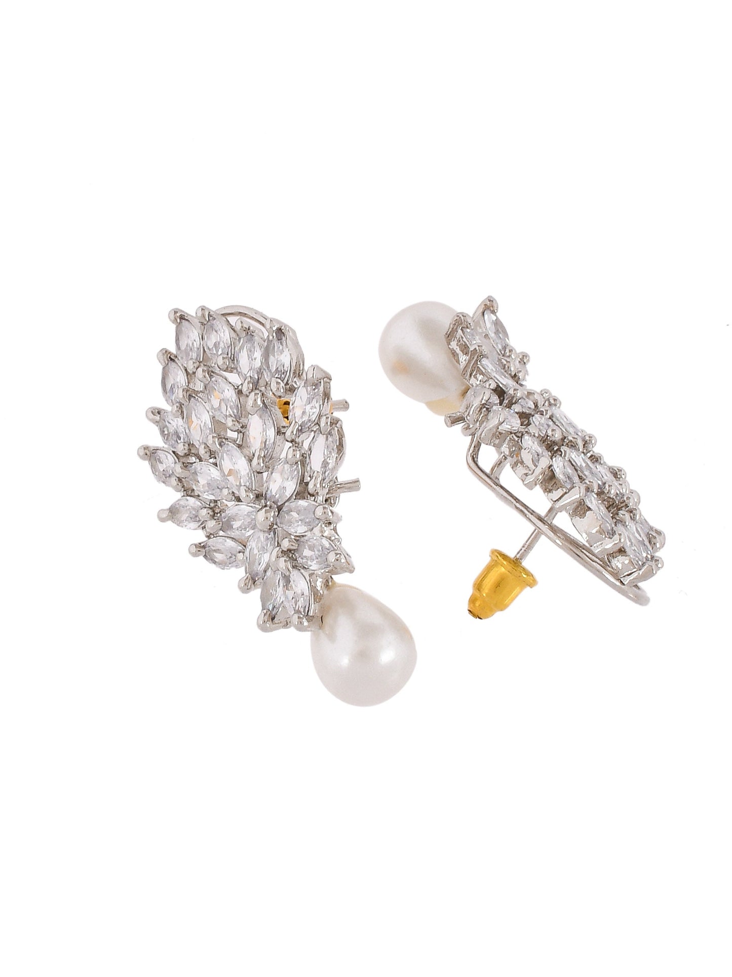 Silver-Toned Contemporary Amercian Diamond Stud Earrings