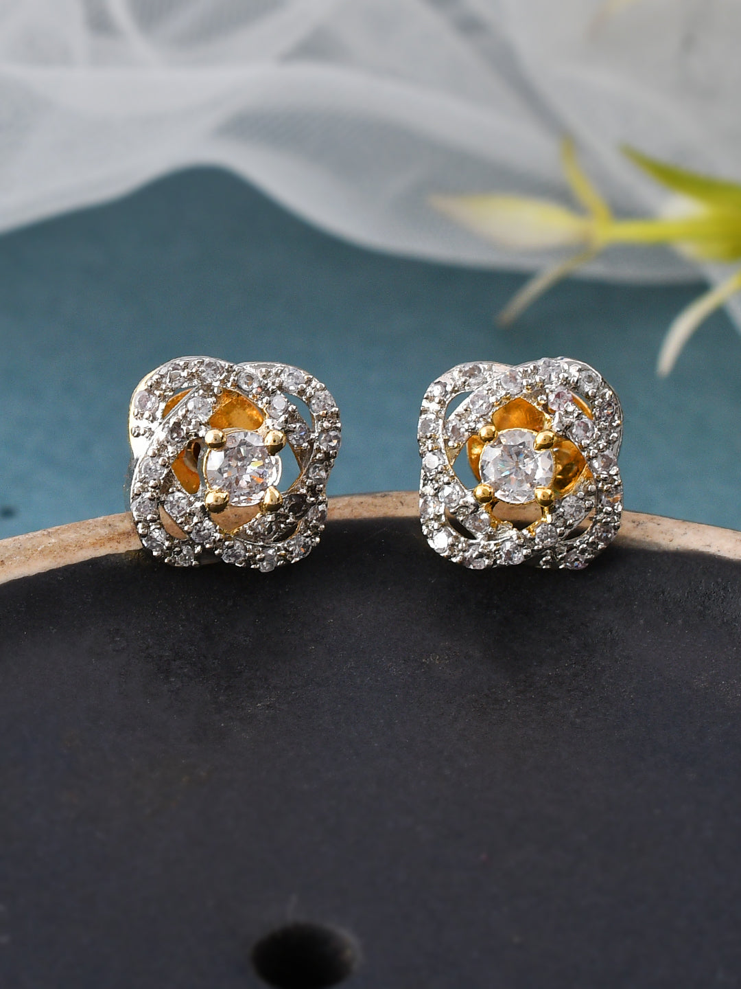 Gold Plated Contemporary AD Studded Studs Earrings