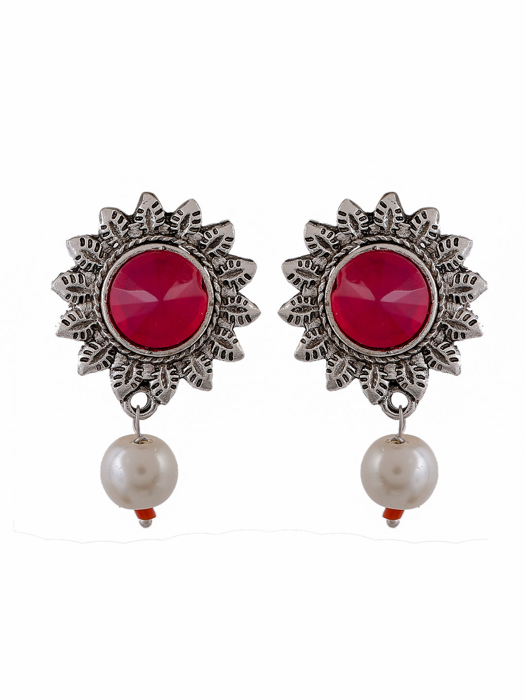 Red Oxidised Pearl Drop Earrings For Women