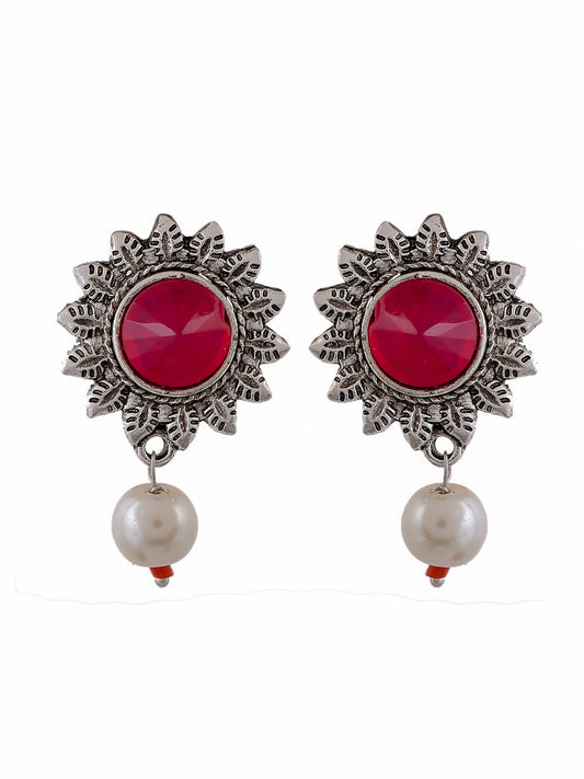 Red Oxidised Pearl Drop Earrings For Women