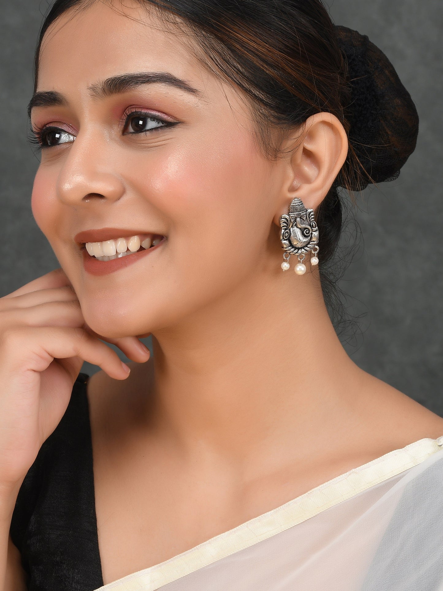 Silver Plated Oxidised Ganesh Handcrafted Stud Earrings