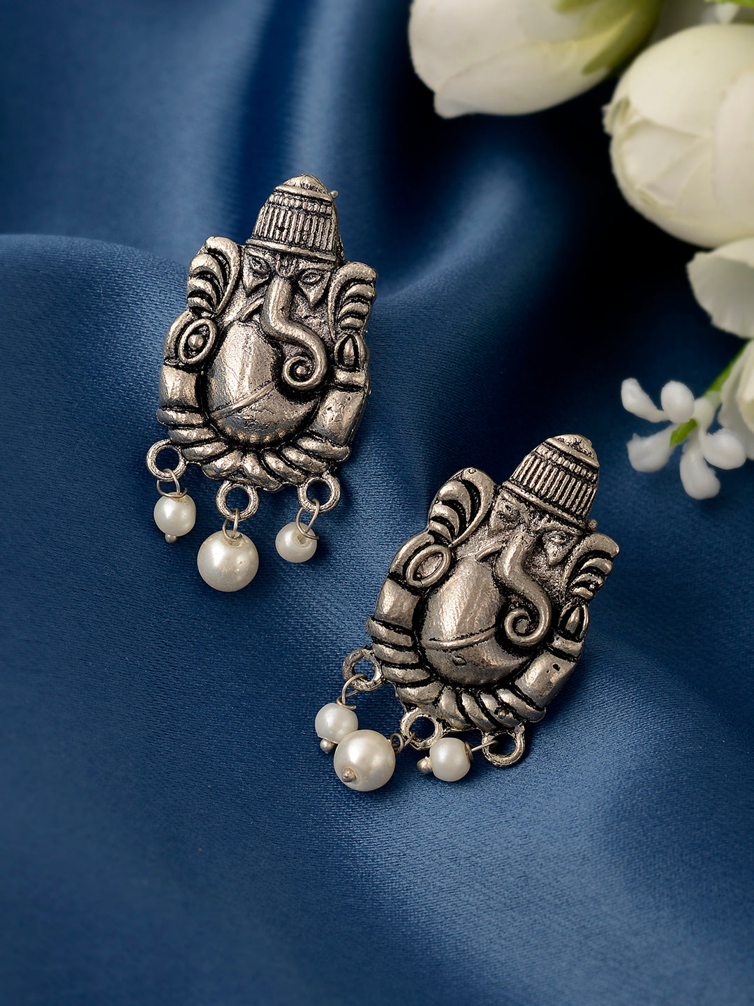 Silver Plated Oxidised Ganesh Handcrafted Stud Earrings