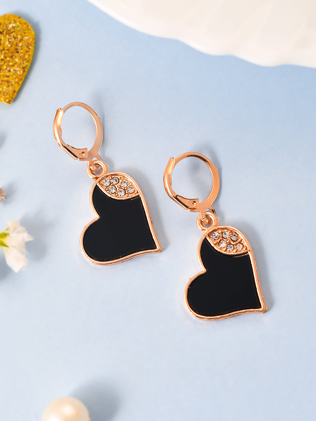Rose Gold CZ Studded Heart Shaped Drop Earrings For Women