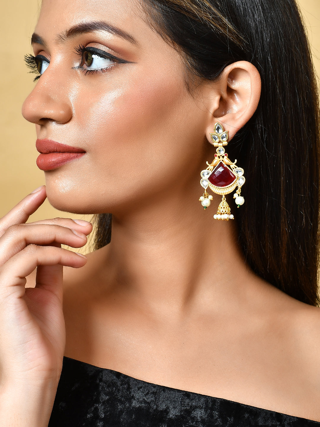 Gold-Plated Kundan Chandbali Jhumka Earrings