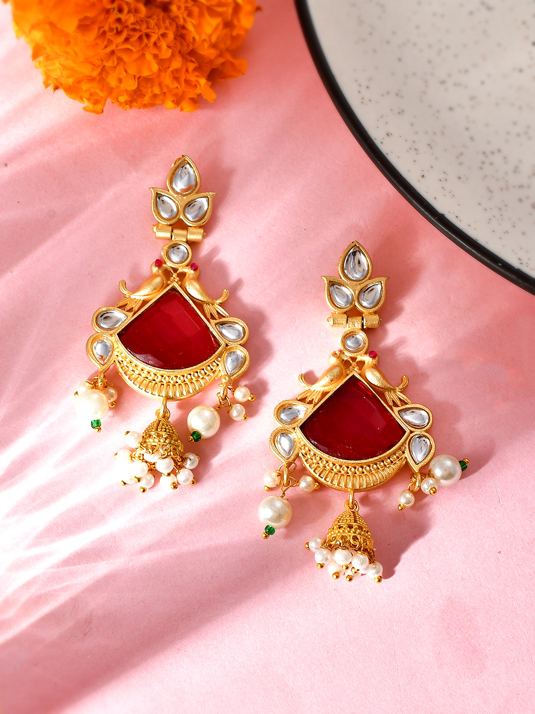 Gold-Plated Kundan Chandbali Jhumka Earrings