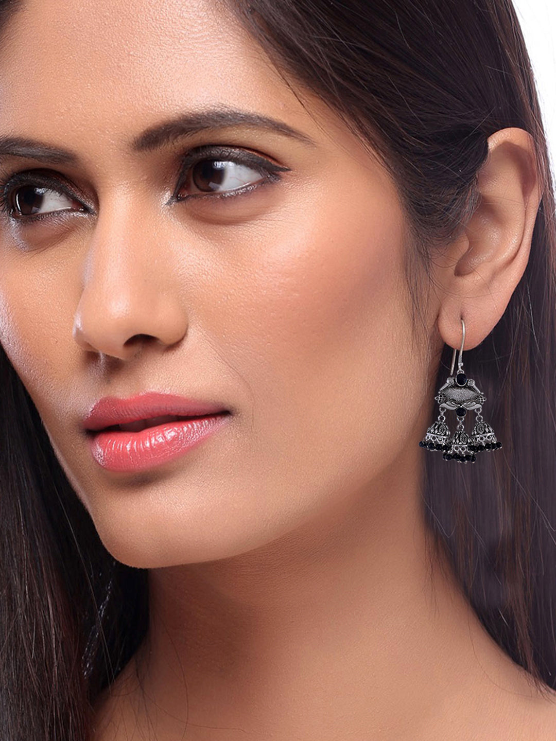 Silver Plated & Black Dome Oxidised Shaped Jhumkas