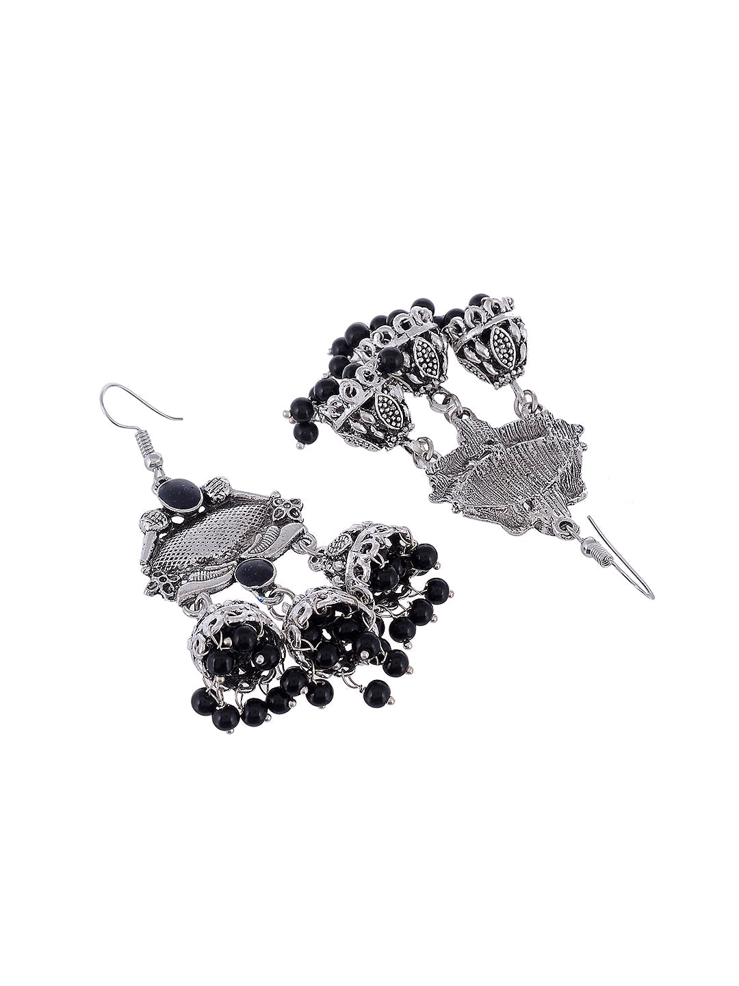 Silver Plated & Black Dome Oxidised Shaped Jhumkas