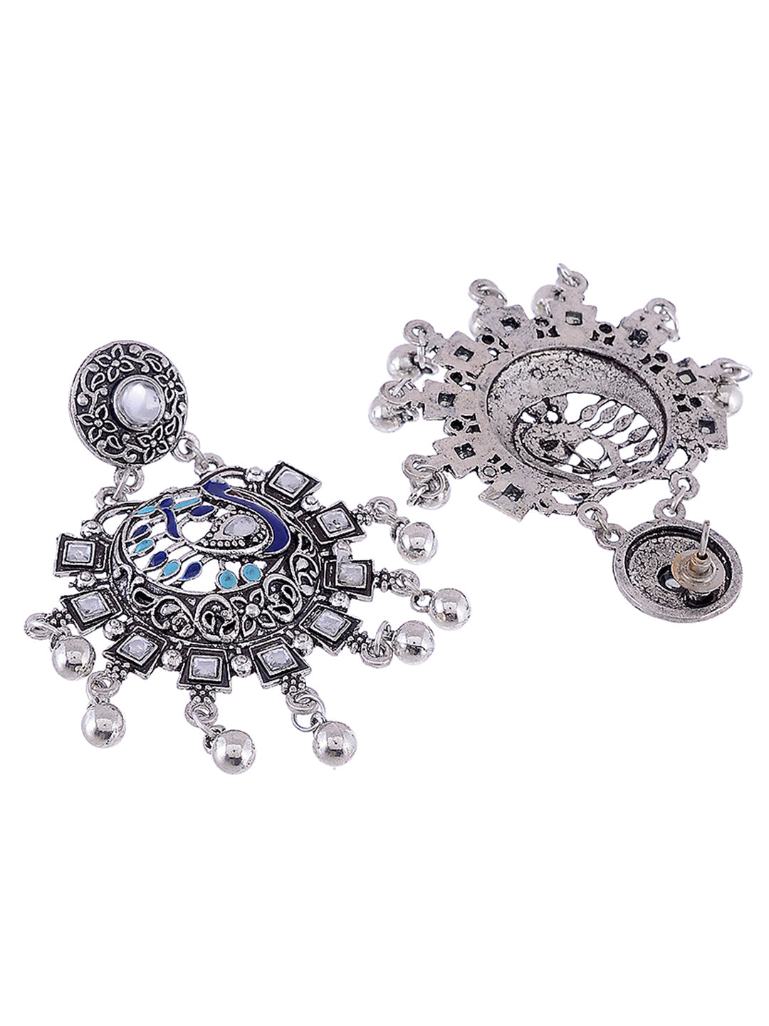 Silver Toned & Blue Peacock Shaped Drop Earrings