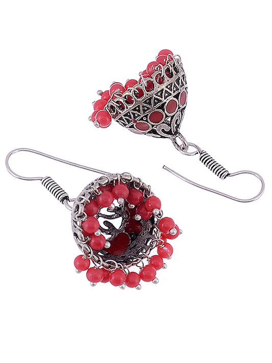 Silver Toned & Red Circular Jhumkas Earrings