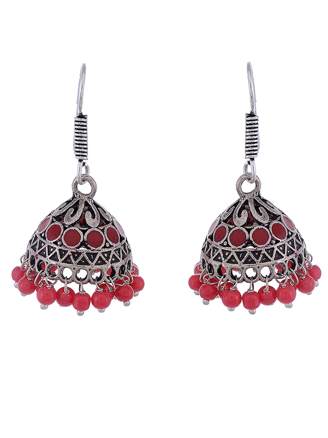 Silver Toned & Red Circular Jhumkas Earrings
