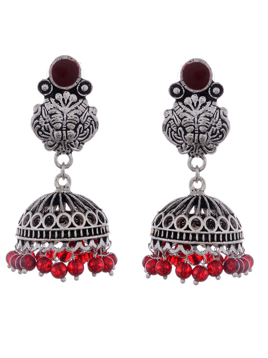 Silver Plated & Red Oxidised Circular Jhumkas