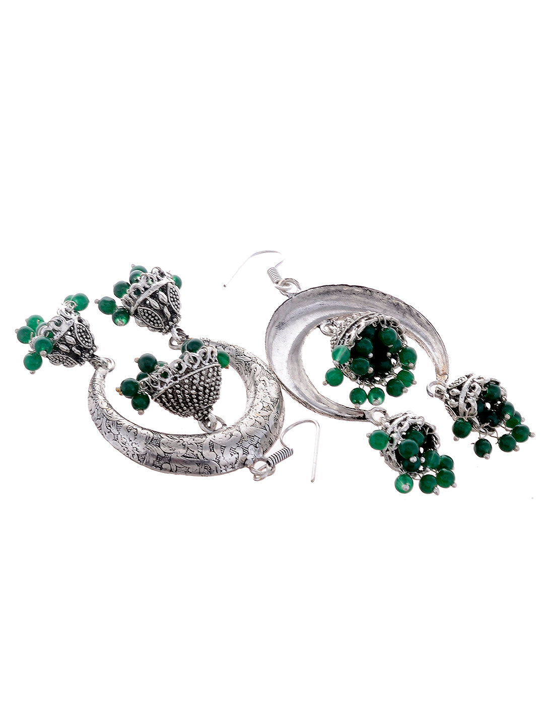 Silver Plated & Green Dome Shaped Classic Jhumkas