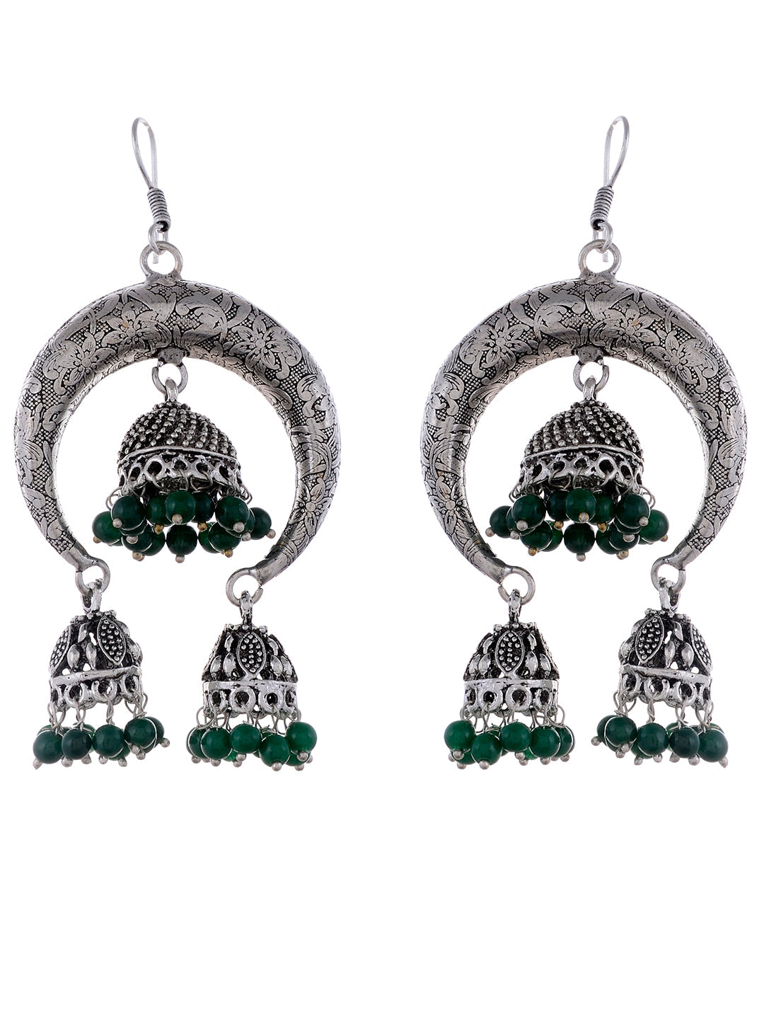Silver Plated & Green Dome Shaped Classic Jhumkas