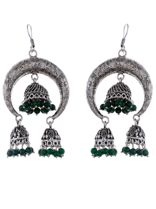 Silver Plated & Green Dome Shaped Classic Jhumkas