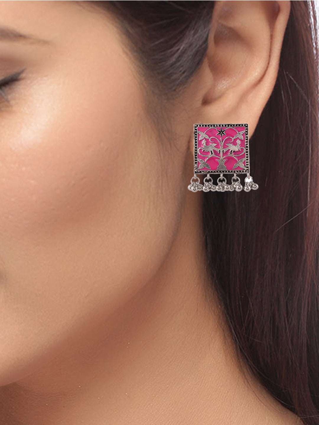 Women Silver Plated Pink Oxidized Classic Drop Earrings