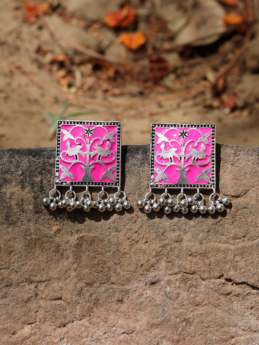 Women Silver Plated Pink Oxidized Classic Drop Earrings