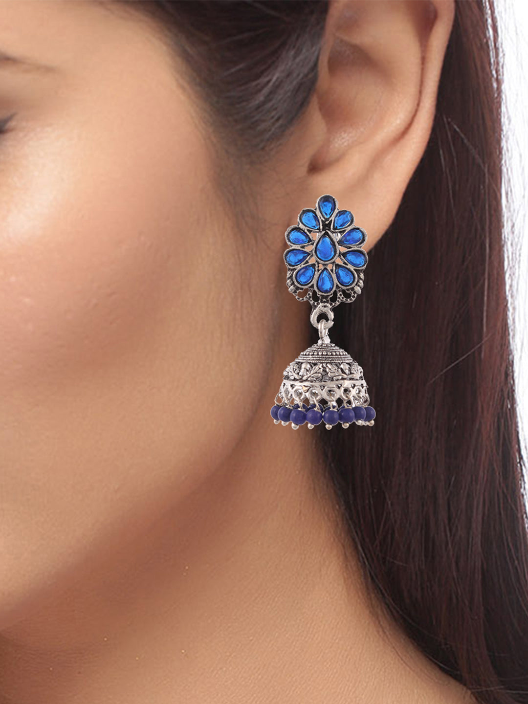 Silver Plated & Blue Jhumkas Earrings