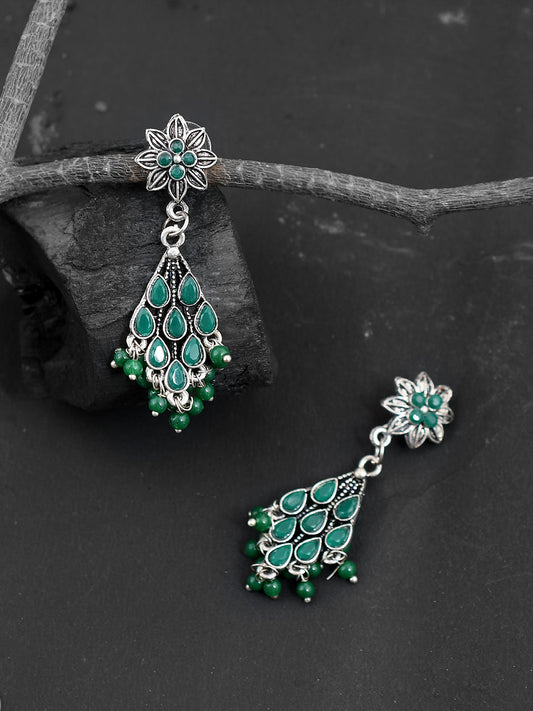 Drop Earrings With Green Beads And Oxidized Look