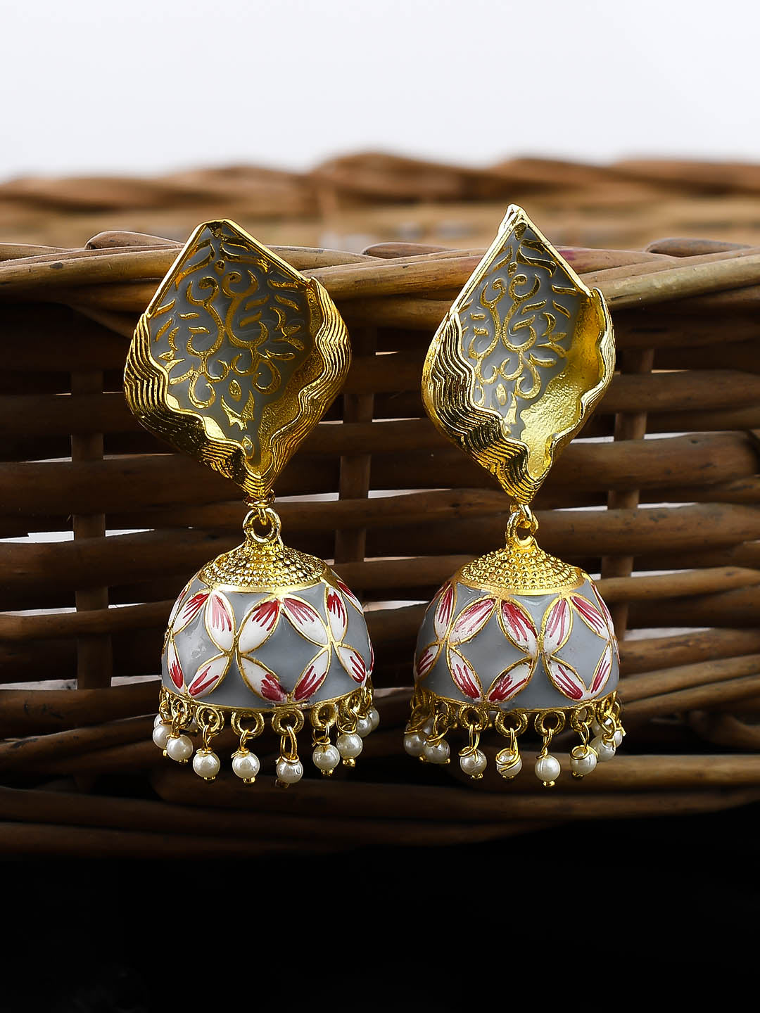 Grey Meenakari Jhumka Earrings For Women