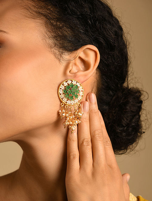 Gold Plated Enamelled Earrings With Pearl for women