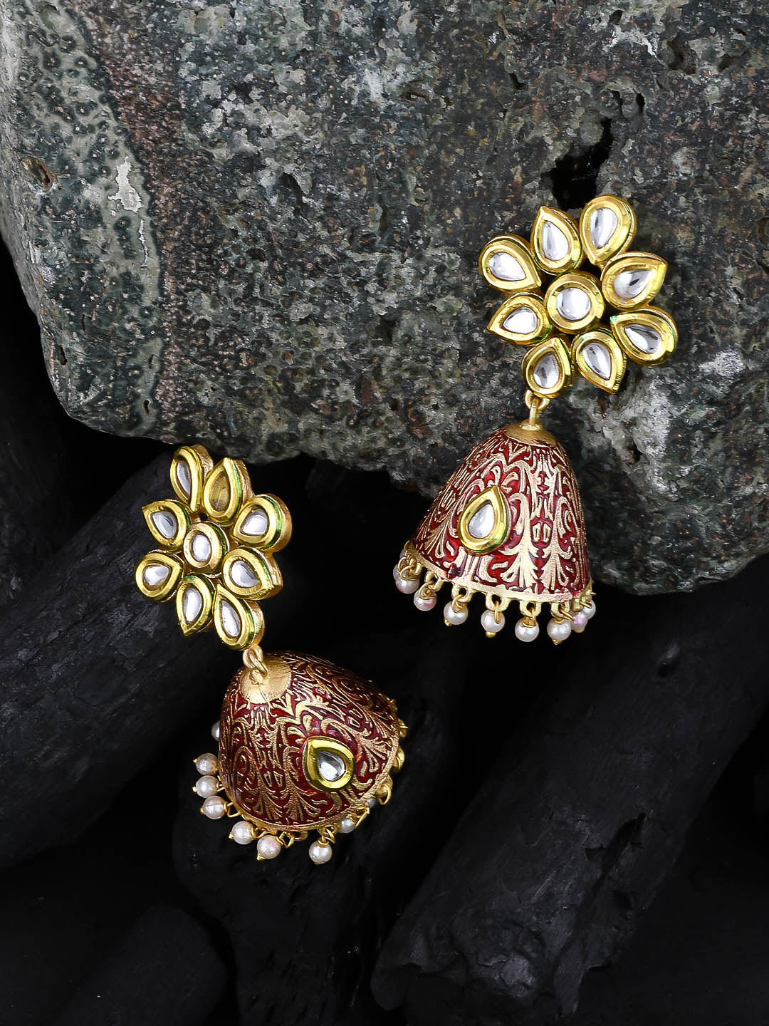Golden Red Kundan Earrings For Ladies