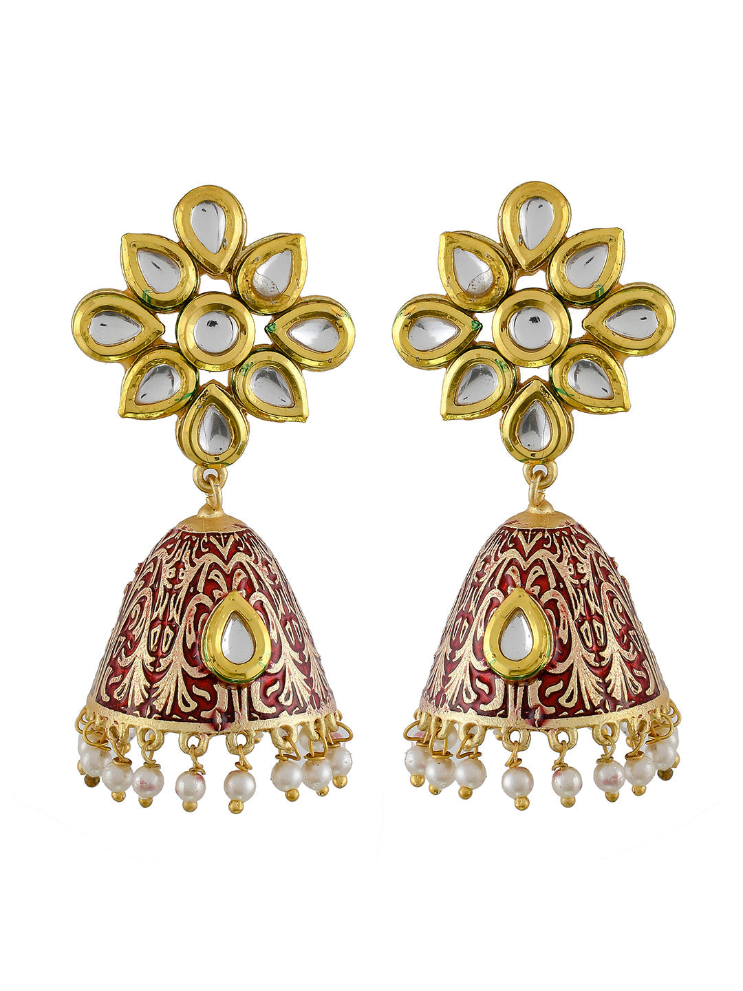 Golden Red Kundan Earrings For Ladies