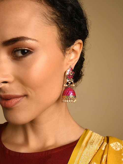 Pink Kundan jhumka Earrings For Girls