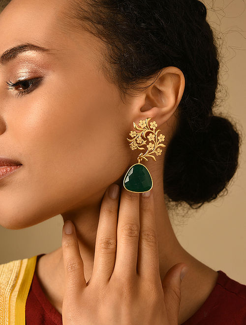 Gold Plated Stone Studded Drop Earrings