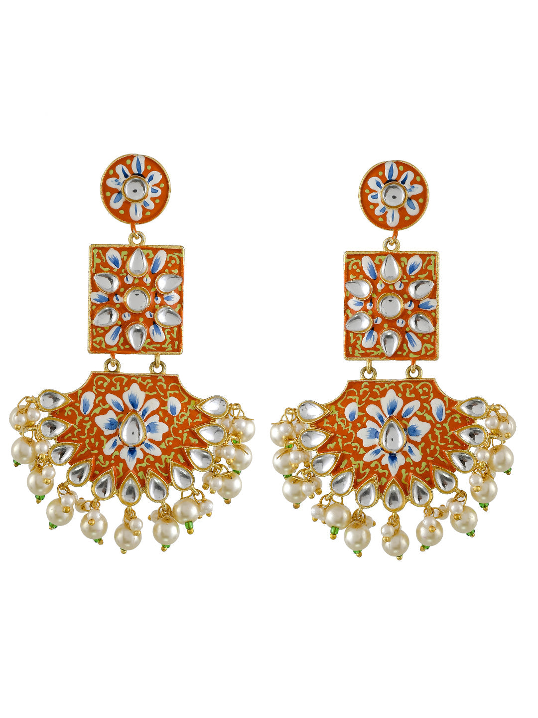 Gold Plated Circular Studded Long Chandbali Enamelled Drop Earrings