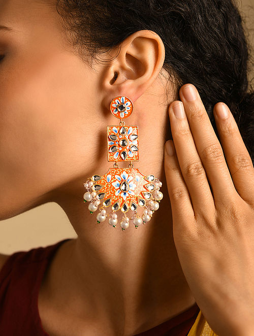 Gold Plated Circular Studded Long Chandbali Enamelled Drop Earrings