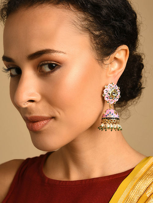 Golden Touch Gulabi Pink Blue Jhumka Drop Earrings