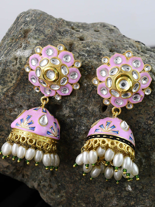 Golden Touch Gulabi Pink Blue Jhumka Drop Earrings
