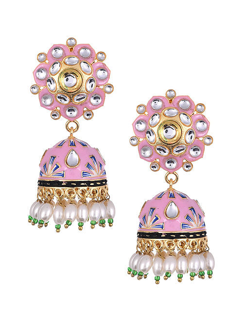 Golden Touch Gulabi Pink Blue Jhumka Drop Earrings