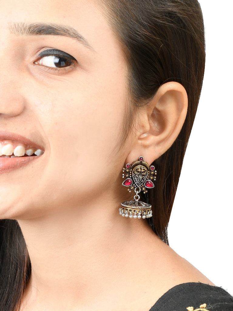 Red Stone Silver Gold Tone Stud Jhumka Earrings