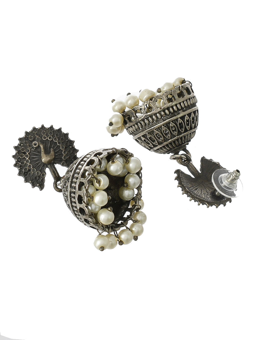 Oxidised Silver Antique Peacock Jhumka For Women