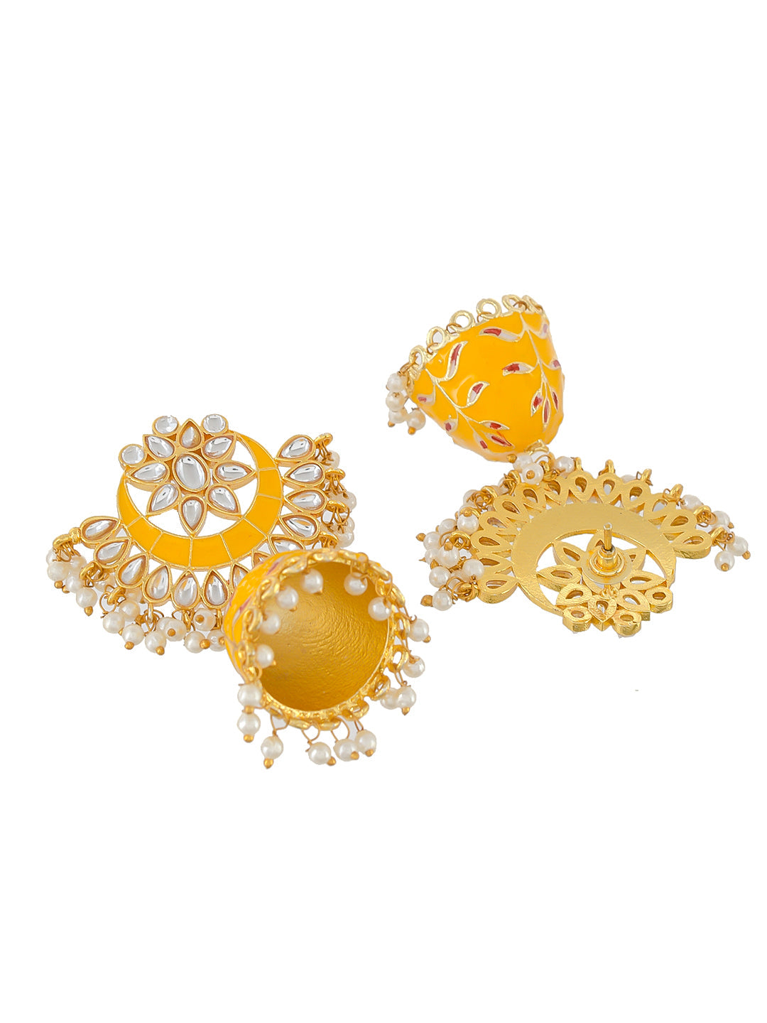 Gold plated yellow hanpainted Kundan Chandbali Jhumka Earrings