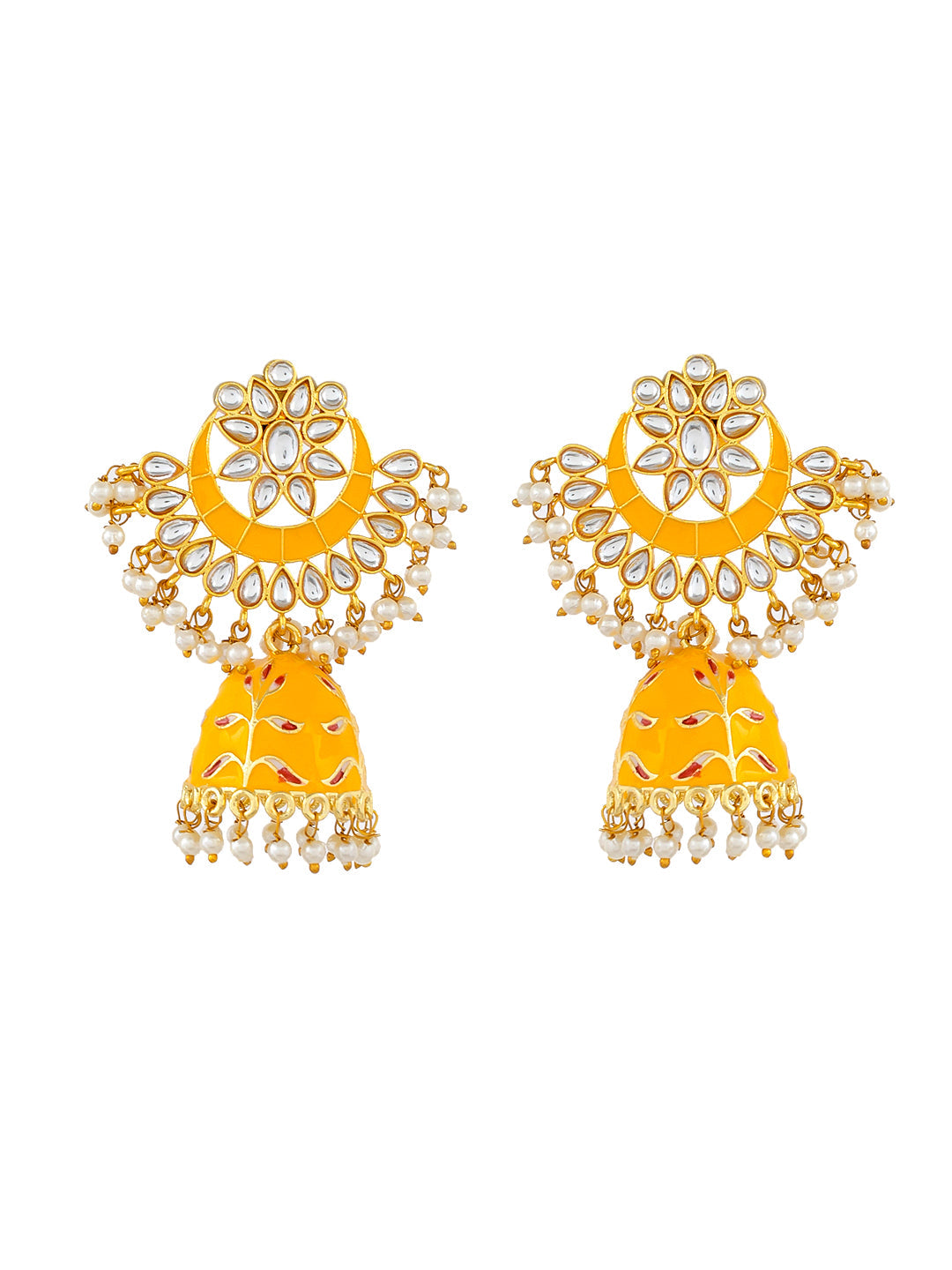 Gold plated yellow hanpainted Kundan Chandbali Jhumka Earrings