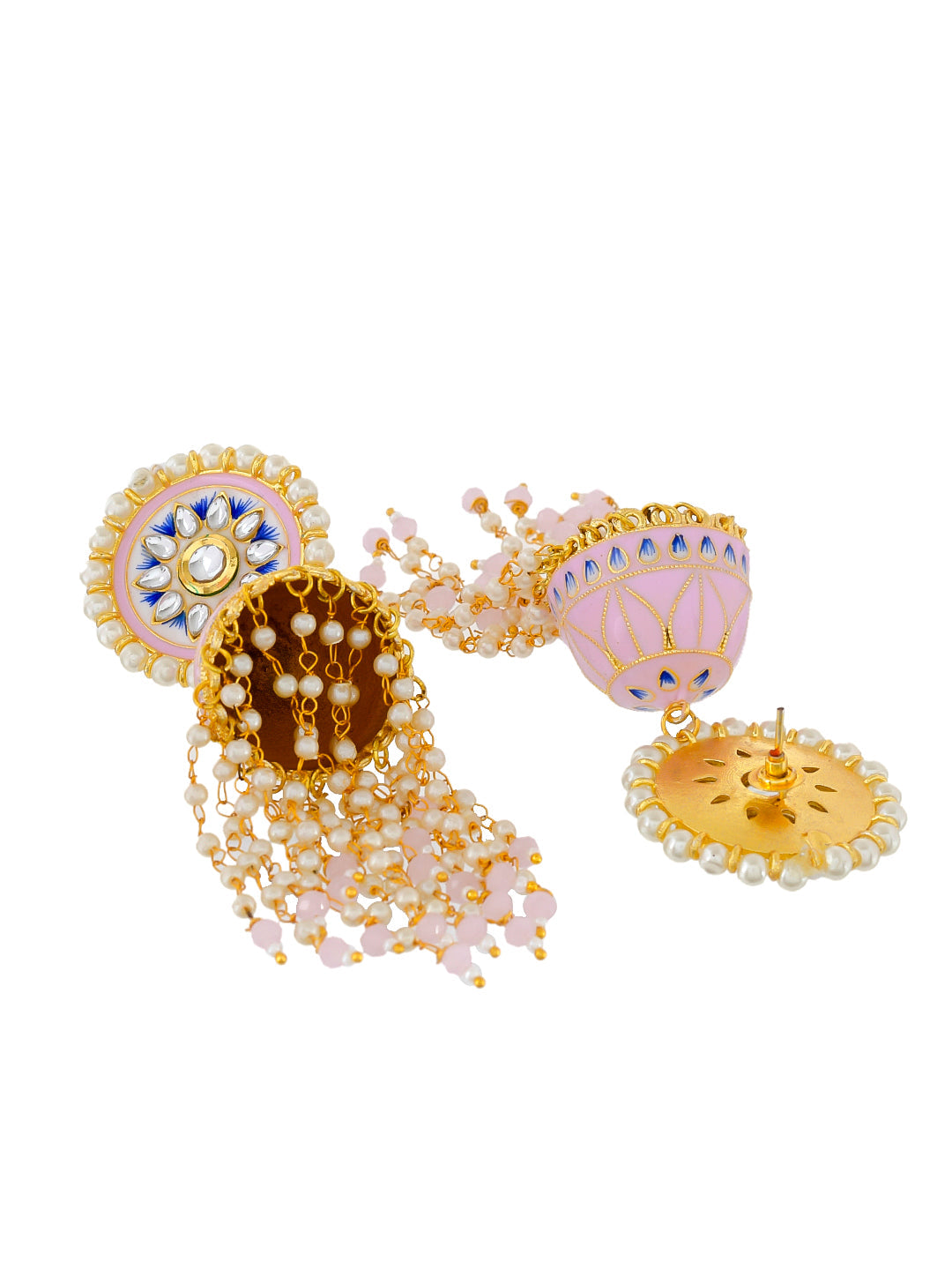 Gold Plated Handpainted Kundan pink Jhumka Earrings