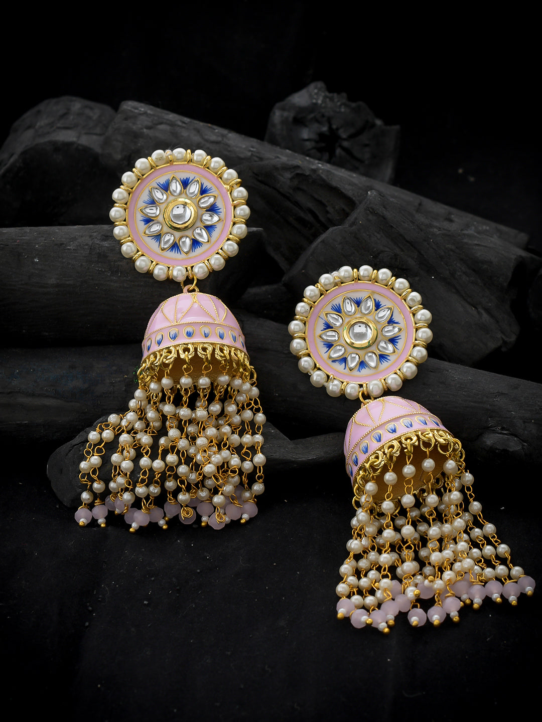 Gold Plated Handpainted Kundan pink Jhumka Earrings