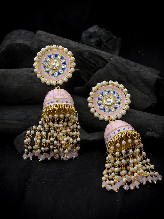 Gold Plated Handpainted Kundan pink Jhumka Earrings