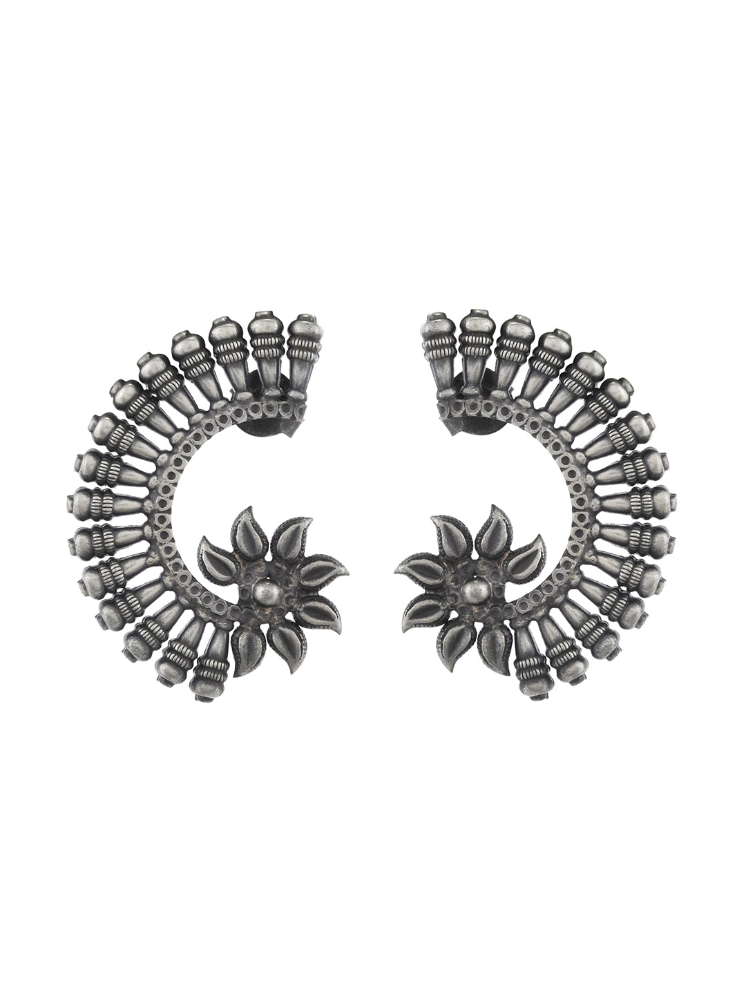 Silver Toned & Grey Floral Studs Earrings