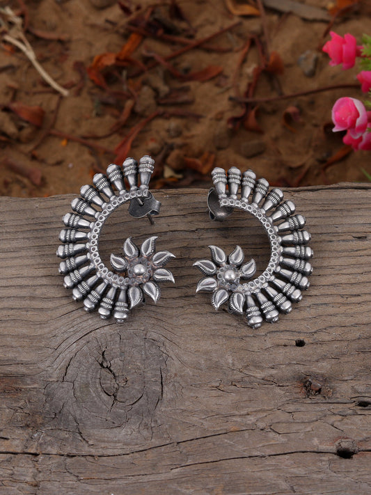 Silver Toned & Grey Floral Studs Earrings
