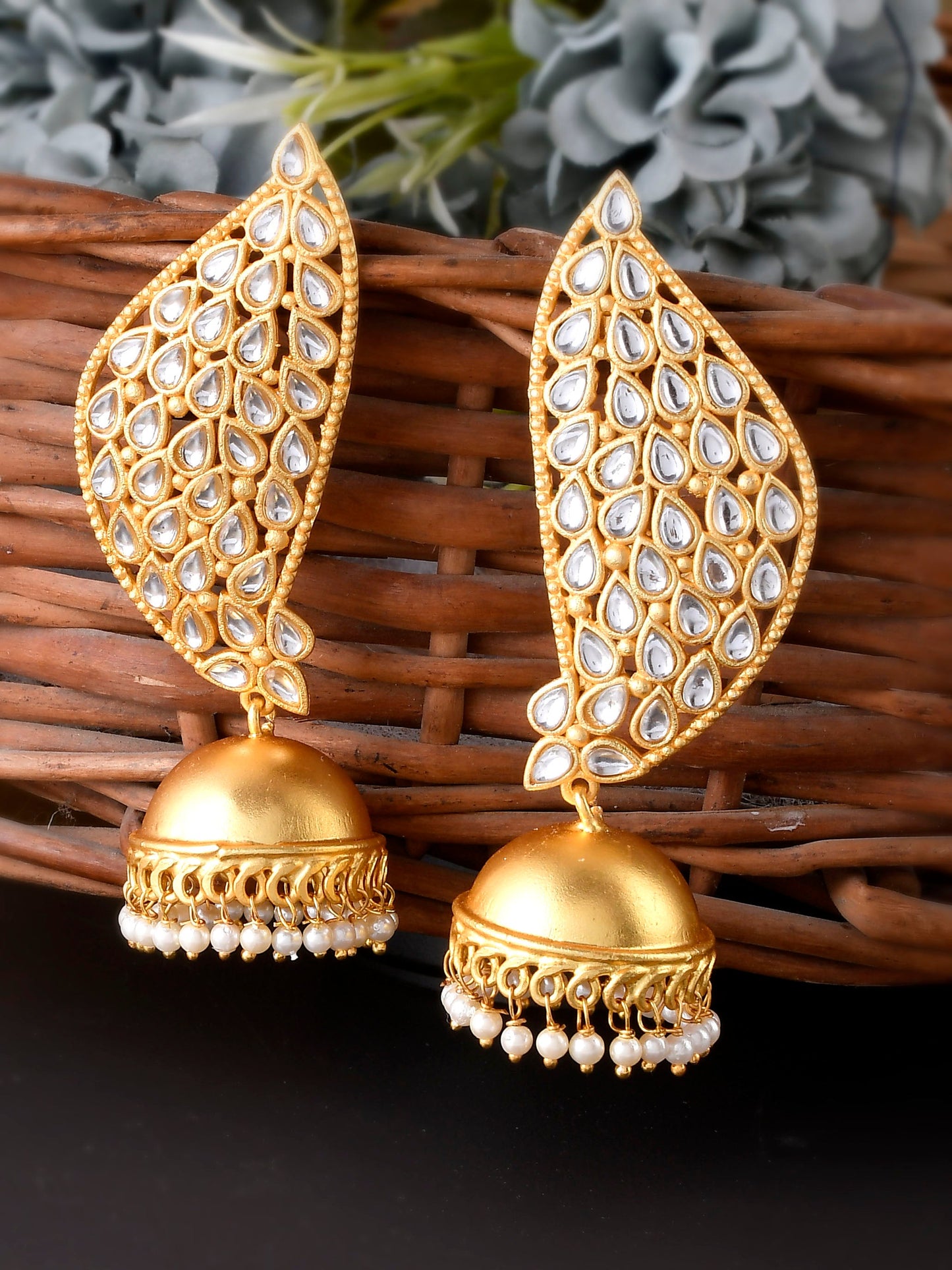 Gold Plated Kundan Studded & Beaded Leaf Shaped Drop Earrings