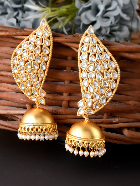 Gold Plated Kundan Studded & Beaded Leaf Shaped Drop Earrings