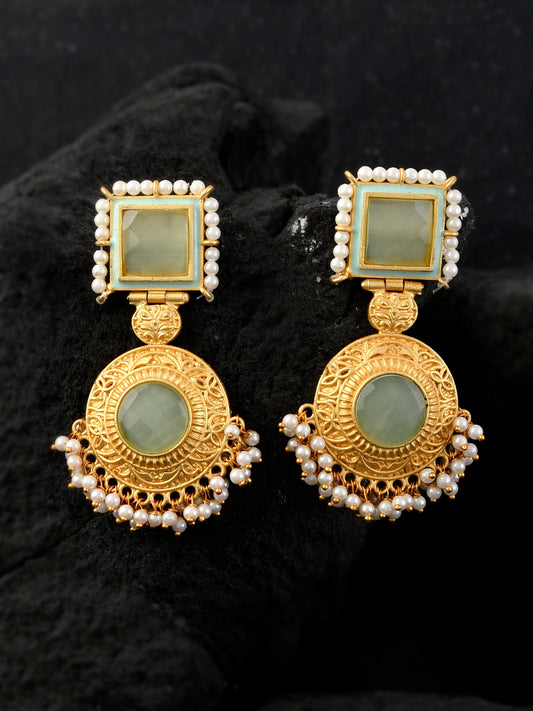 Gold Plated & Green Stone Studded Handcrafted Drop Earrings