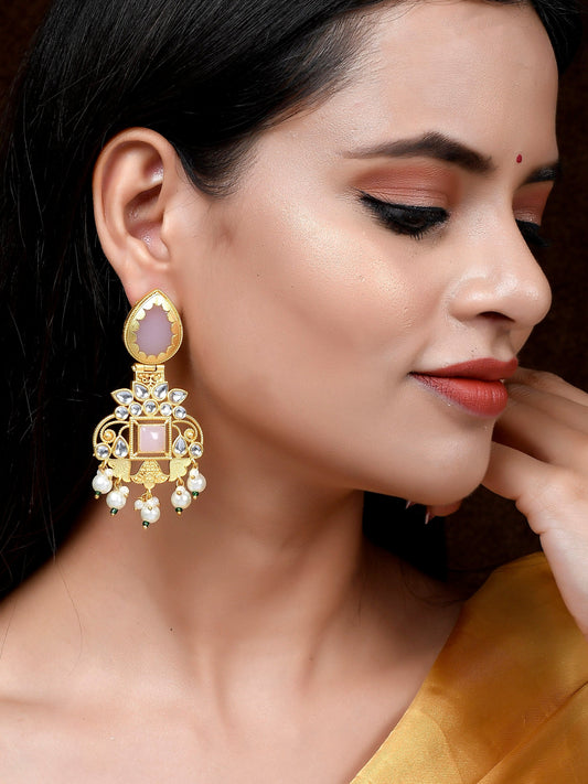 Gold Toned Pink Beaded Kundan Studded Ethnic Earrings