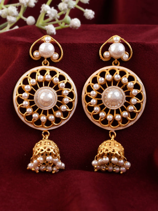 Gold Plated Pearl Studded Floral Handcrafted Traditional Drop Earrings