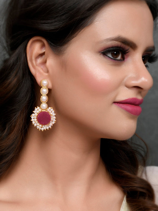 Gold Plated Red Stone Studded Pearl Beaded Drop Earrings