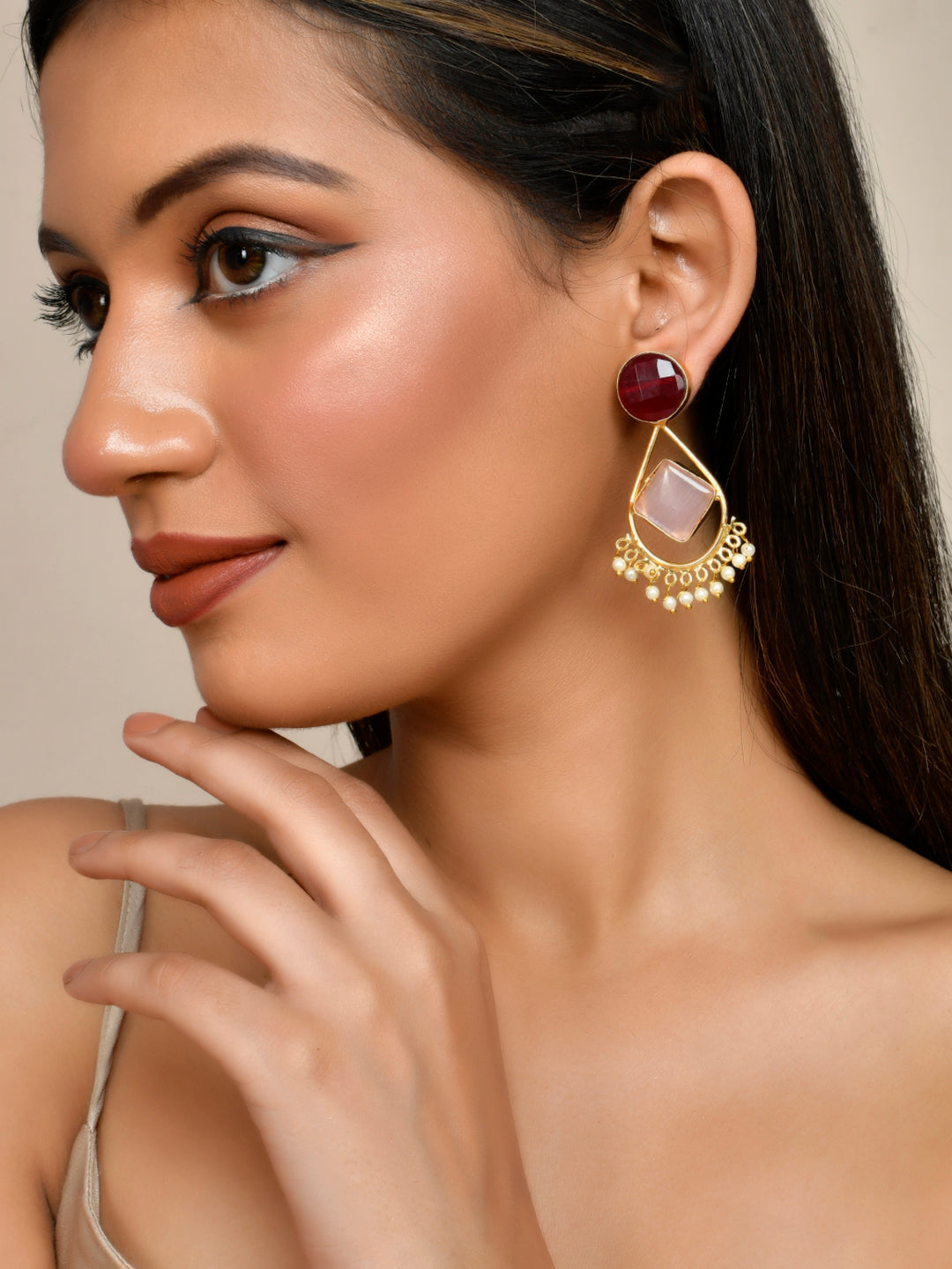 Gold Plated Pearl Drop Pink earrings