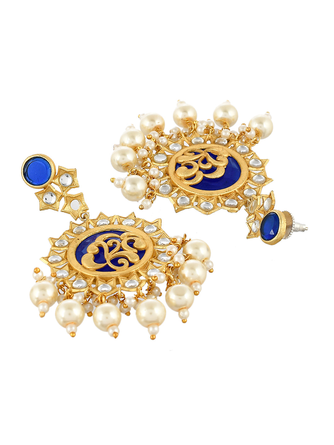 Traditional Blue Gold Filigree Kundan & Pearl Drop Earrings